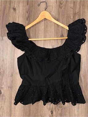 Express Black Eyelet Ruffle Off the Shoulder Cotton Top Open Back Blouse